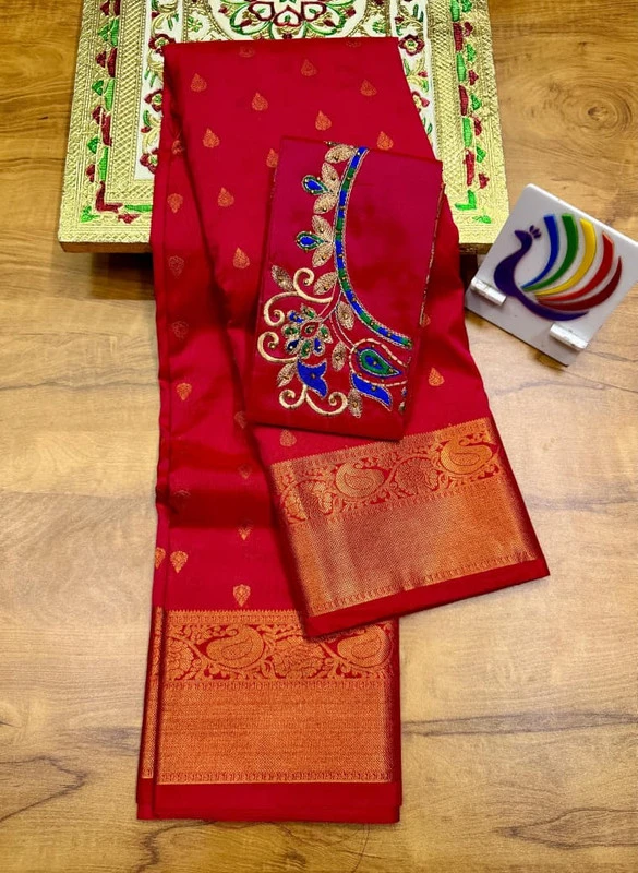 Red Semi Silk Paithani Saree with Peacock Embroidery Blouse