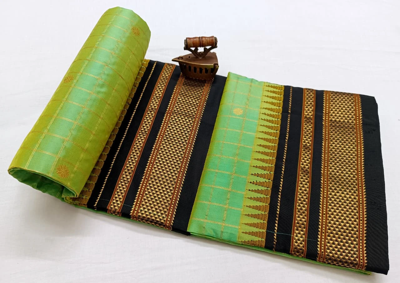 Pure Ilkaal Checks saree in Parrot Green & Black with zari border and traditional woven patterns
