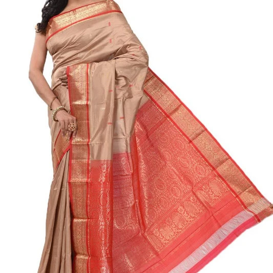 Tortilla Brown and Red Contrast Traditional Kanchipuram Pure Silk Saree
