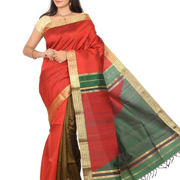 Kanchipuram Dupion Pure Silk  Saree in Red with Multicolor Colored Pallu Fancy Potly Saree
