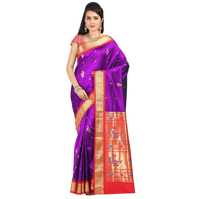 Paithani Pure Silk Magenta and Red Border Meena Butta Saree with Silk Mark