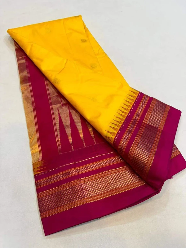 Golden Orange and Green Border - Traditional Handwoven Ilkaal Butta Saree