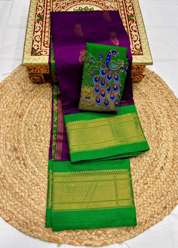 Purple & Green Semi Silk Paithani saree with peacock embroidery blouse and traditional border