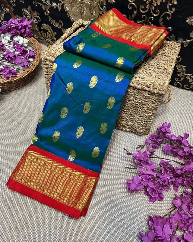 Teal Blue-Green Semi Silk Paithani Saree with Gold Paisley Motifs & Bright Red Zari Border