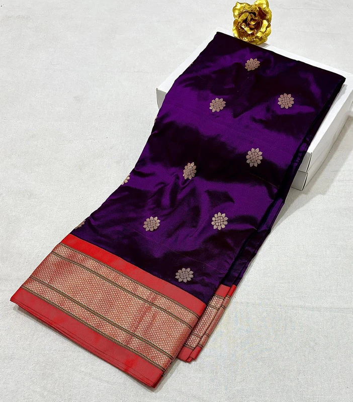 Deep Violet Pure Silk Paithani Saree with Gold Lotus Buti & Contrasting Red Zari Border