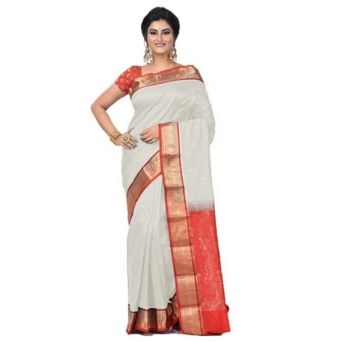 Milk White and Red Traditional Kanchipuram Pure Silk Saree