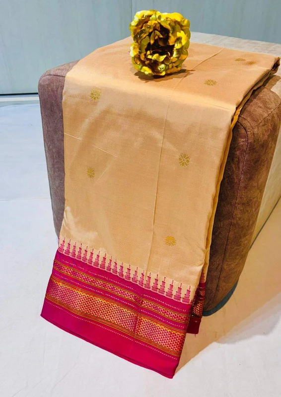 Sandal Cream and Rani Border - Traditional Handwoven Ilkaal Butta Saree