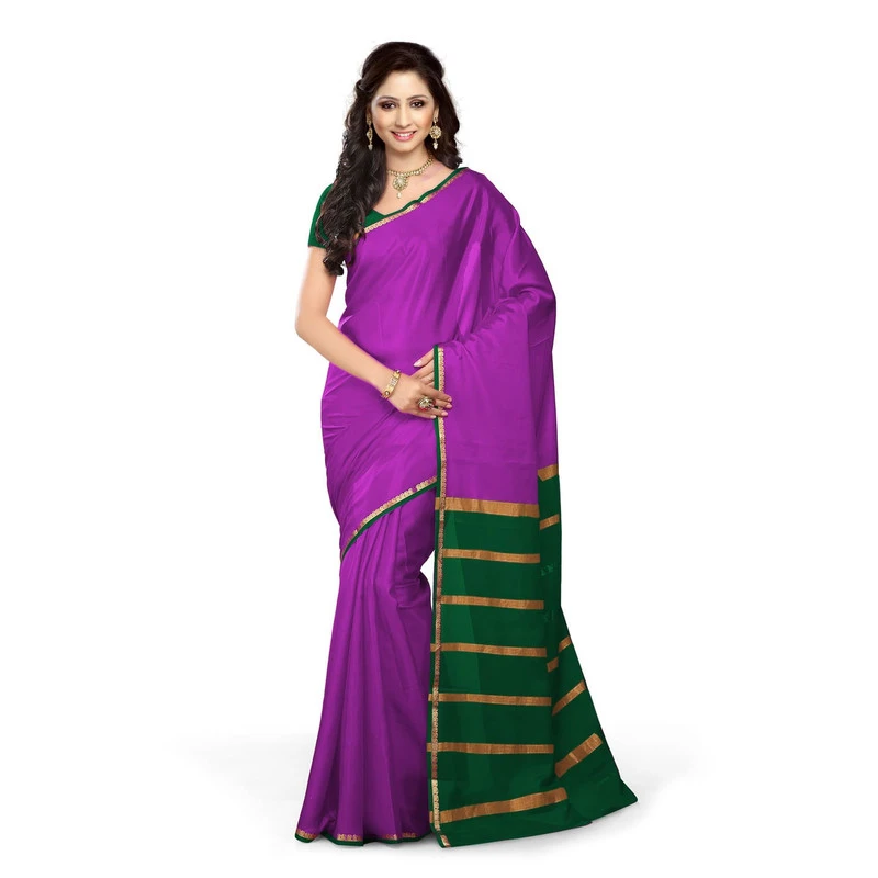 Pure Mysore Silk saree in Purple and  Bottle Green Contrast Mango Border