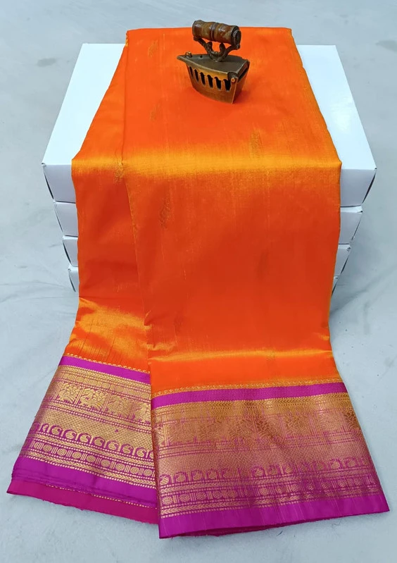 Orange with Rani Contrast traditional silk saree with zari border for wedding and festive wear