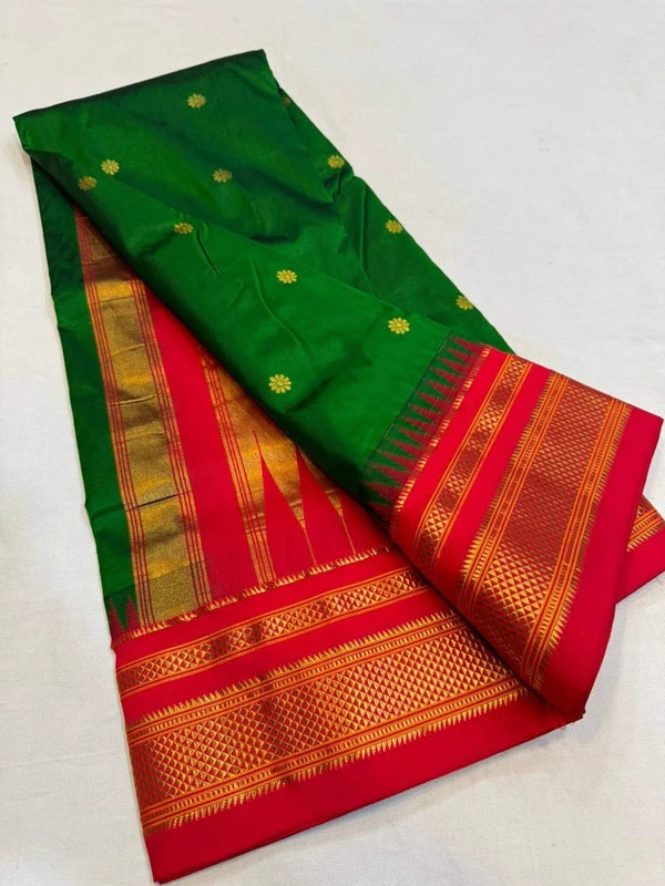 Bottle Green and Red  Border - Traditional Handwoven Ilkaal Butta Saree