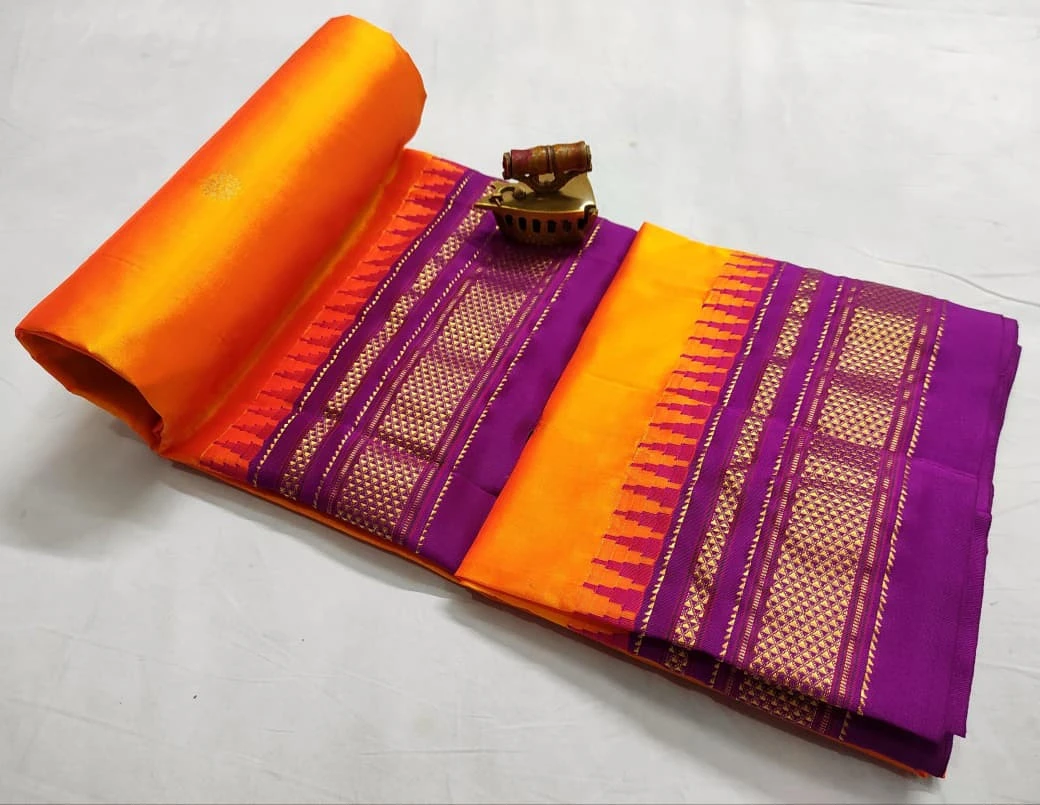 Orange Ilkaal Butta pure silk saree with zari border and traditional woven patterns