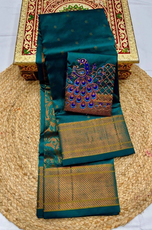 Regal Emerald Green Semi Silk Paithani Saree with Peacock Embroidery Designer Blouse
