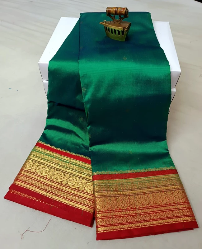 Bottle Green with Red Contrast traditional silk saree with zari border for wedding and festive wear