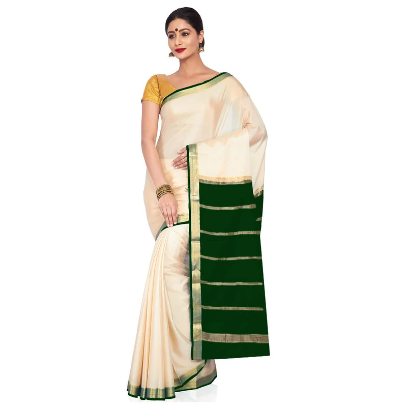 Tussar Cream with Bottle Green Contrast Onam Special Pure Mysore Silk Handwoven saree