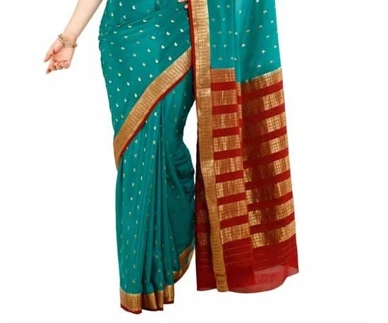 Vivid Pure Mysore Silk Saree in Turquoise with Vibrant Contrast Zari Border