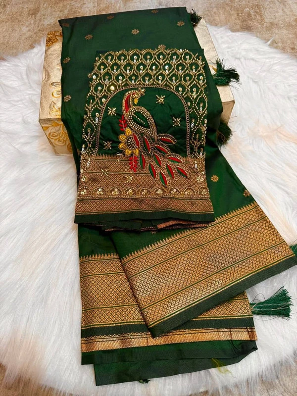 Premium Forest Green Semi Silk Paithani Saree with Peacock Embroidery Blouse