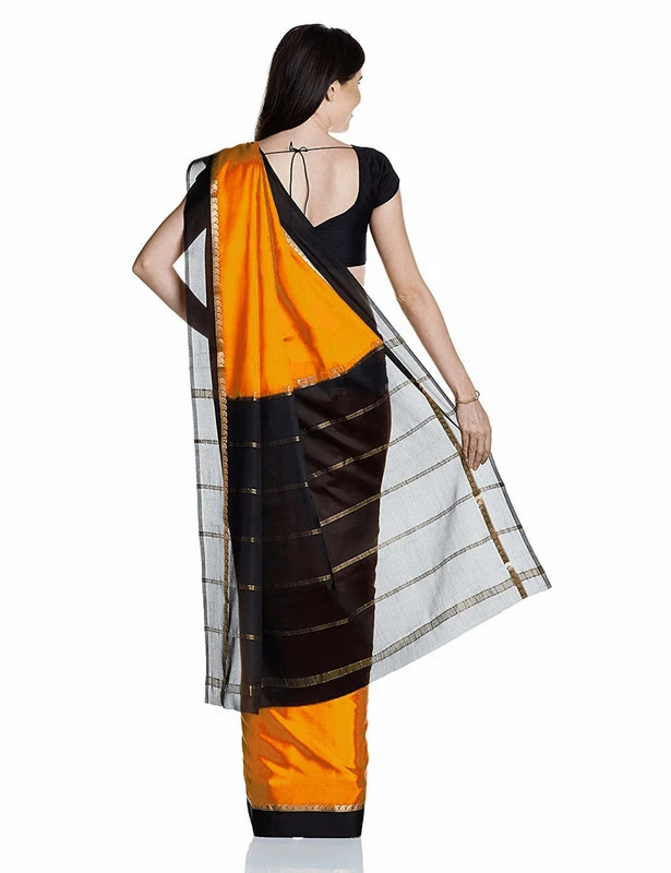 Bold Pure Mysore Silk Saree in Bright Orange with Black and Gold Zari Border