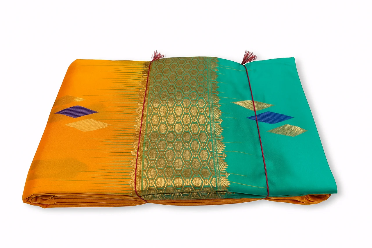 Goden Orange and Teal Green Contrast Multicolor Exclusive Kanchipuram Pure Silk Saree with Bentex Border & Diamond Butta