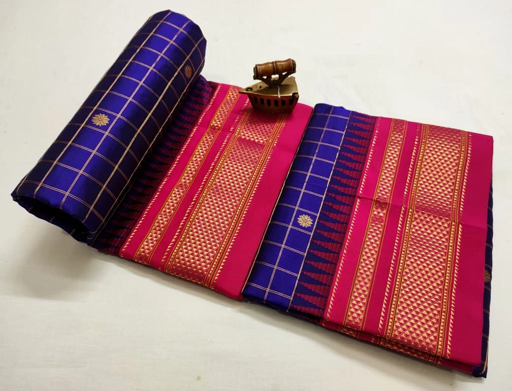Pure Ilkaal Checks saree in Navy Blue & Pink with zari border and traditional woven patterns