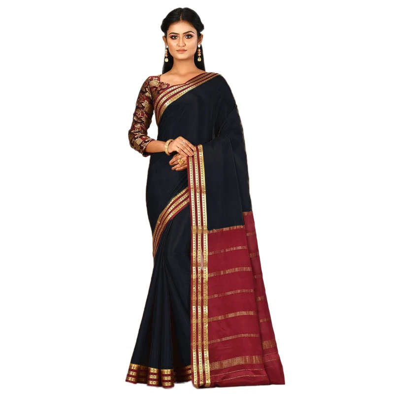 Black and Marron Contrast  Three Lines Border Pure Mysore Silk Saree with silk Mark