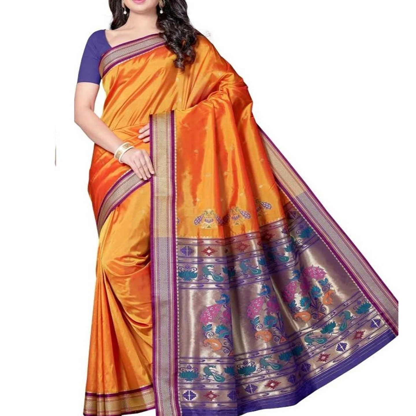Orange and Voilet Small Border Woven Paithani Art Silk Saree
