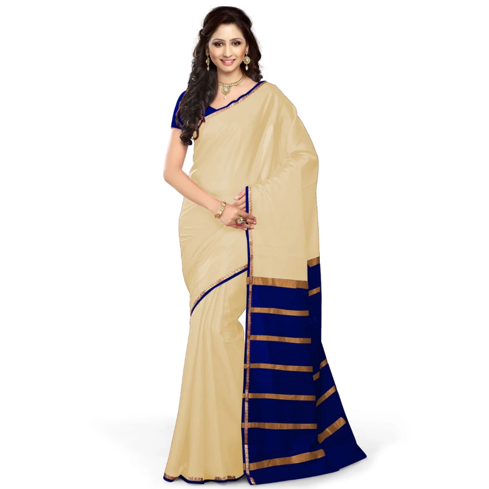 Tussar Cream with Royal Blue  Contrast Onam Special Pure Mysore Silk Handwoven saree