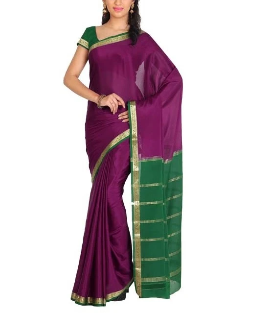 Purple with Green Contrast  Pure Mysore Silk Handwoven saree