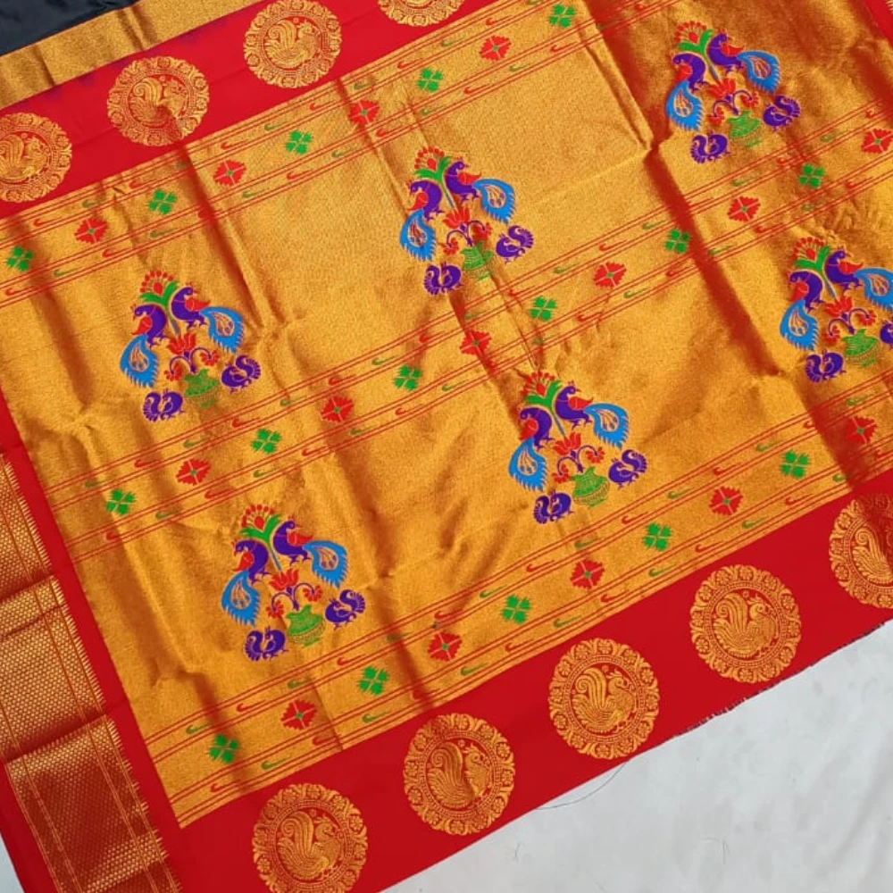 Black with Red Border Paithani Pure Silk Saree with Meena Butta weaving and traditional zari border
