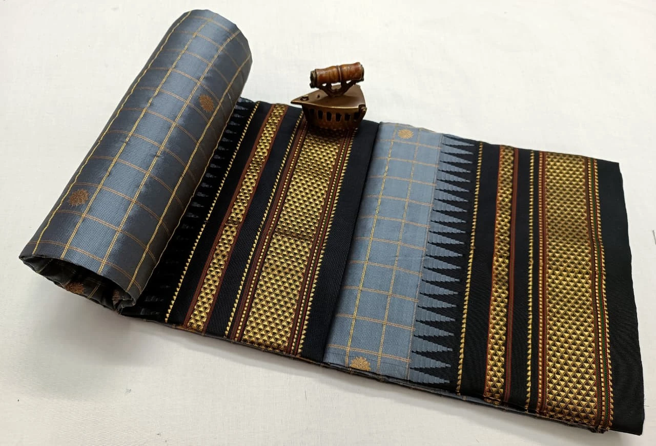 Pure Ilkaal Checks saree in Grey & Black with zari border and traditional woven patterns