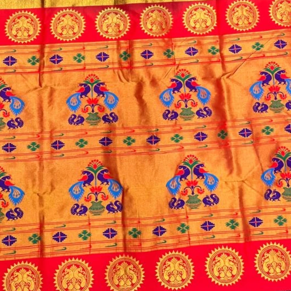 Off WHite and Marron Semi Silk Paithani Saree with Peacock Embroidery Designer Blouse