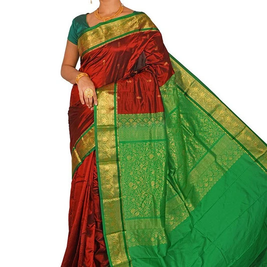 Traditional Kanchipuram Pure Silk Saree in Red with Green Contrast 
