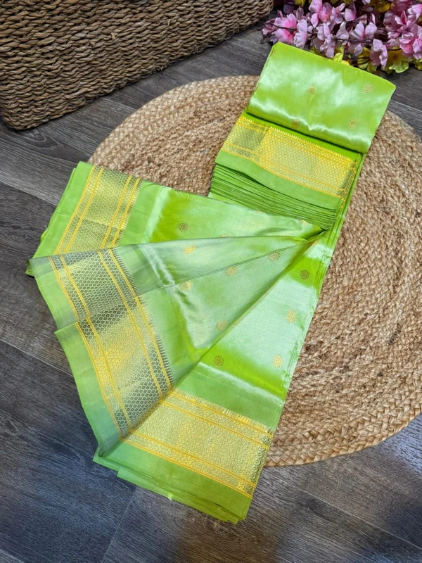 Exclusive Sea Green Paithani self color pure silk saree with gold zari border, traditional Meena butta weaving and handwoven craftsmanship.