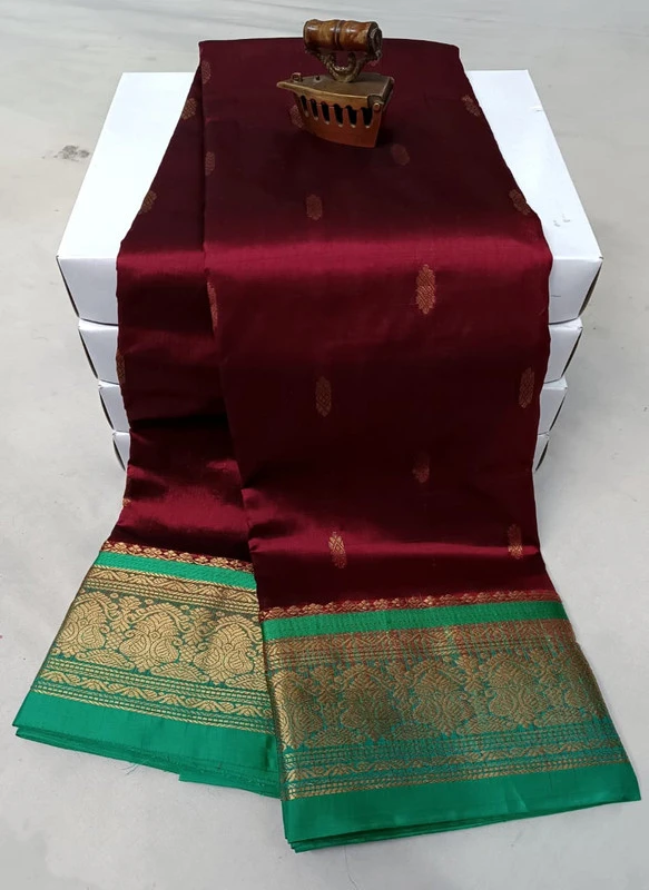 Marron and Green contrast traditional silk saree with zari border for wedding and festive wear