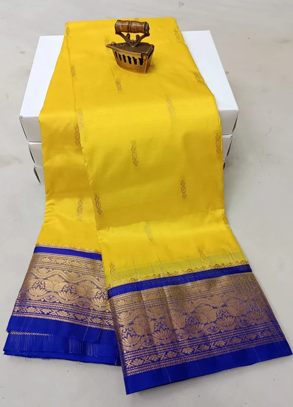 Yellow with Violet Border traditional silk saree with zari border for wedding and festive wear