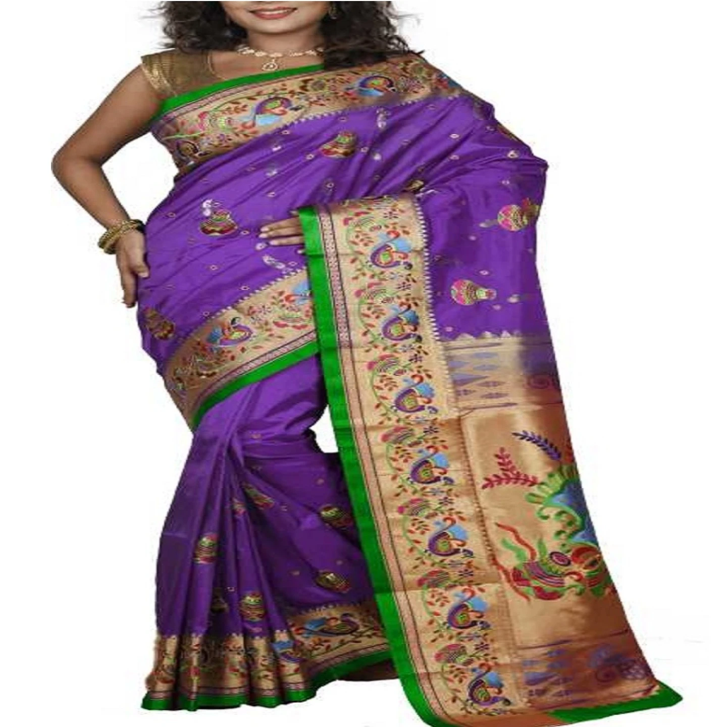 Purple and  Green Allover Embroidery Fancy Paithani Art Silk Saree
