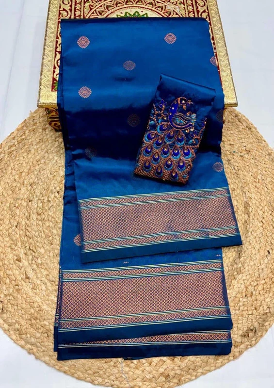Regal Grey Semi Silk Paithani Saree with Peacock Embroidery Designer Blouse