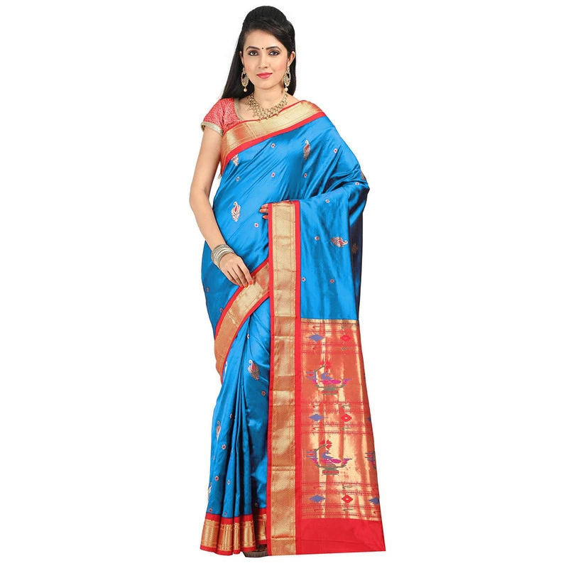 Paithani Pure Silk Anandha Blue and Red Border Meena Butta Saree with Silk Mark