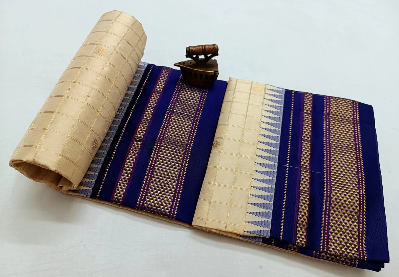 Pure Ilkaal Checks saree in  Ivory and Violet with zari border and traditional woven patterns