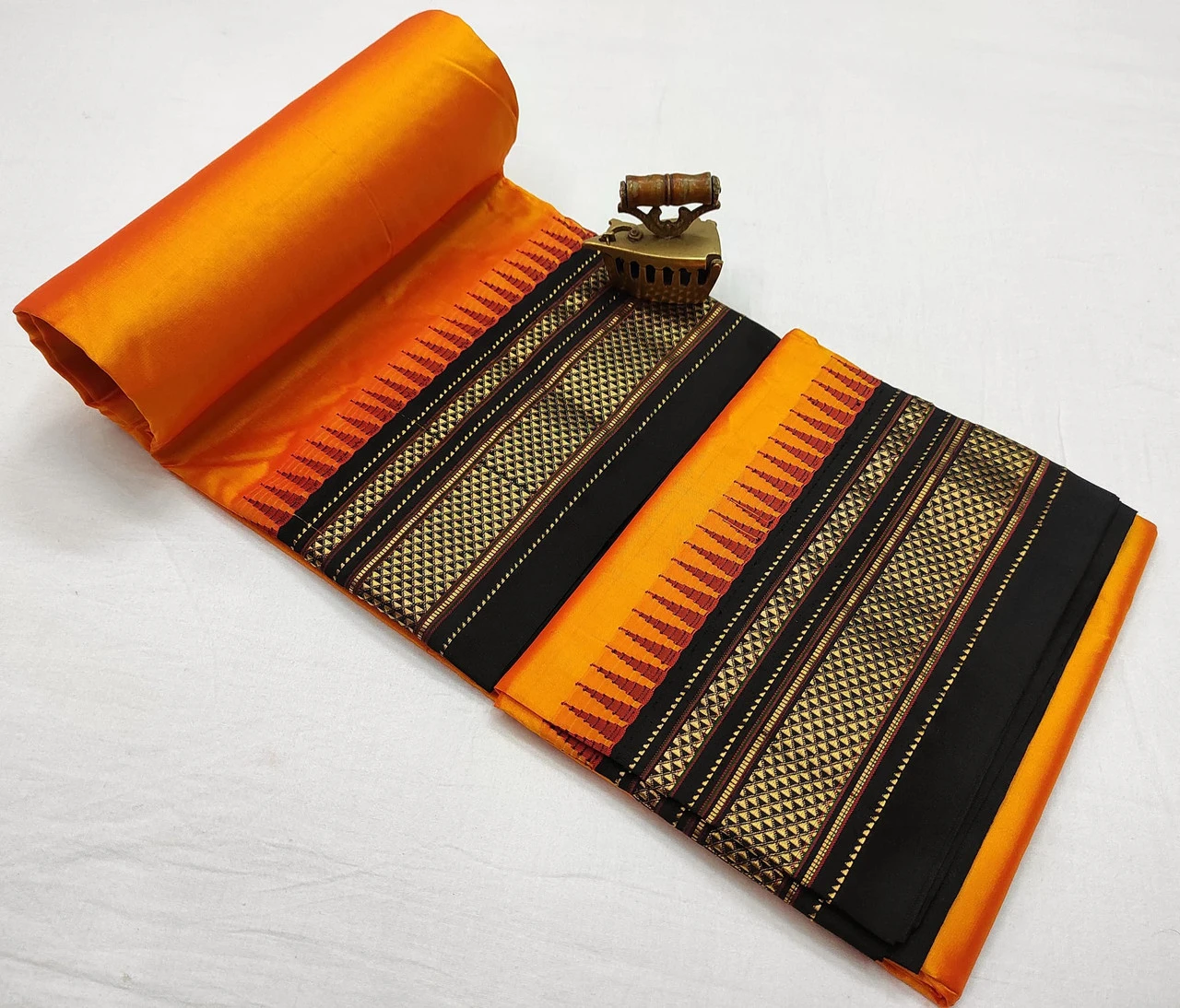Orange Ilkaal plain pure saree with black contrast zari border traditional handloom design