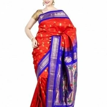Paithani Pure Silk  in Red with Voilet Contrast Border Meena Butta Saree with Silk Mark