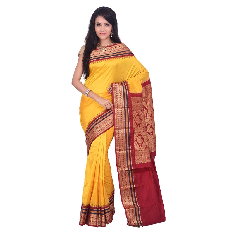 Golden Yellow with MultiColour Border Kadiyal Variety Pure Bangalore Silk Superior Quality Saree