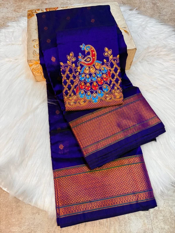 Heritage Self Royal Blue Semi Silk Paithani Saree with Peacock Embroidery Designer Blouse