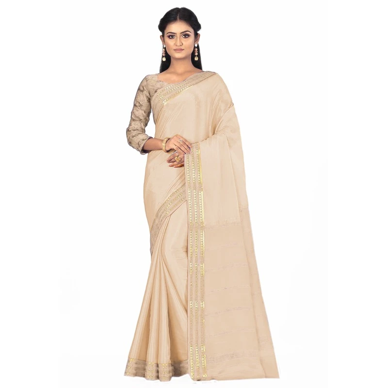 Cream Kasav Color Three Lines Border Saree for Onam in Pure Mysore Silk Fabric with Silk Mark