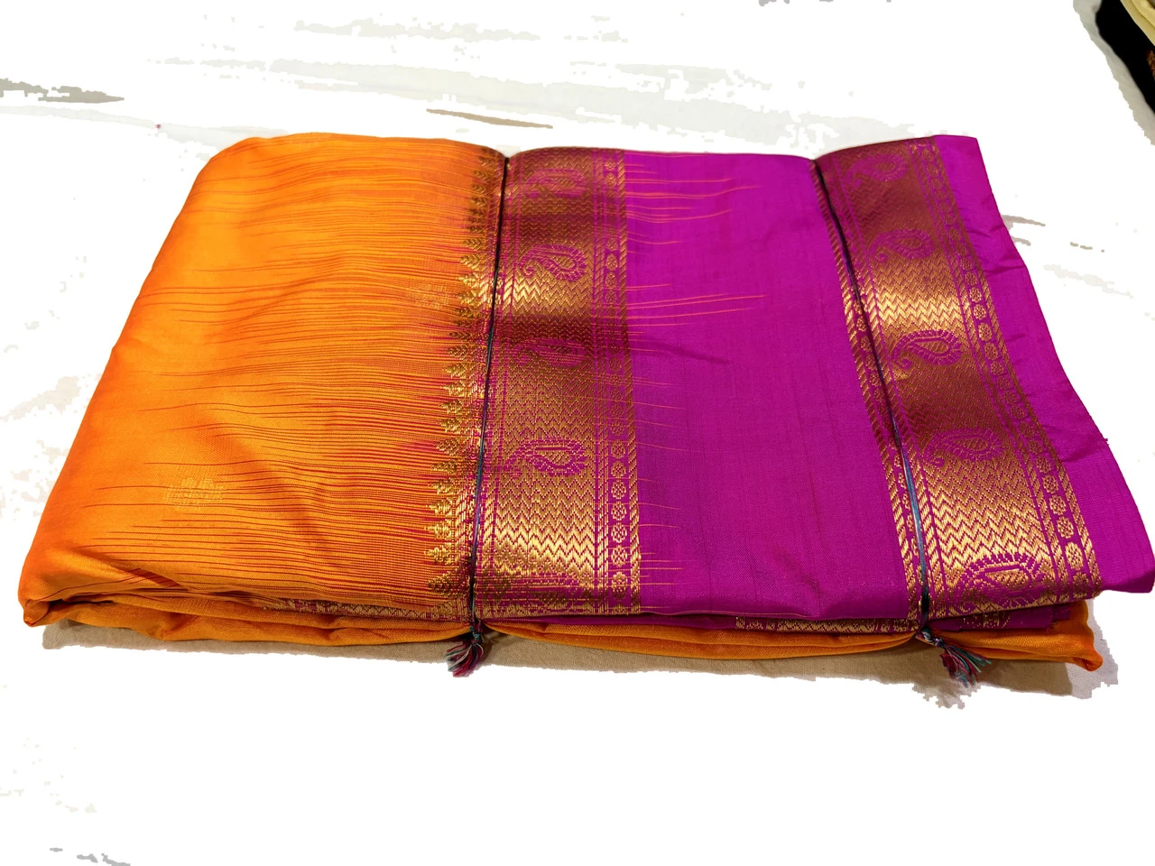 Orange & Magenta Kanchipuram Pure Silk Saree with Blouse