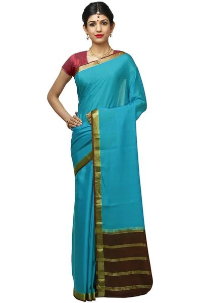 Rama Blue and Brown Handwoven Pure Mysore Silk saree