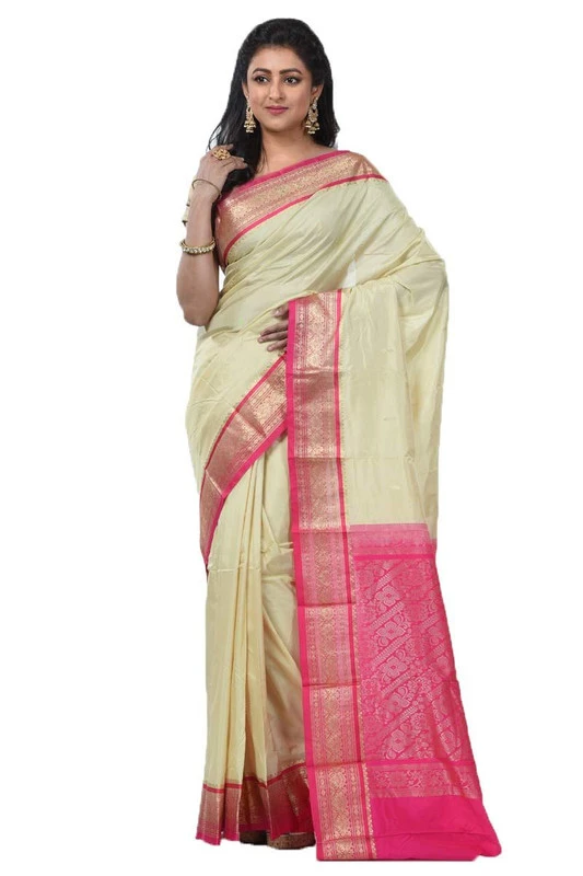 Kanchipuram Pure Silk Saree in Cream with Pink Contrast for Durga Pooja
