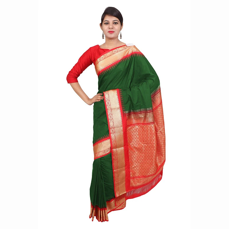 Leaf Green with Red Pallu Handwoven Pure Bangalore Silk Kadiyal Saree with Silk Mark