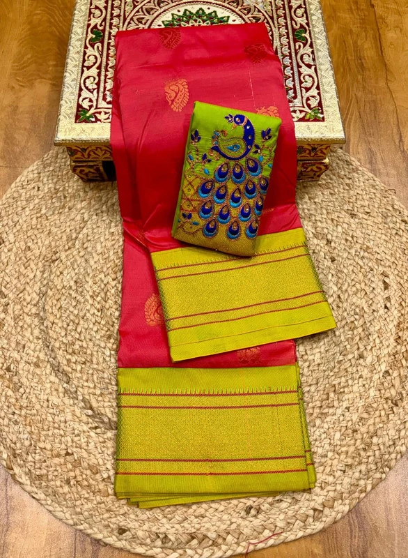 Orange Dual Shade and Green Semi Silk Paithani Saree with Peacock Embroidery Designer Blouse