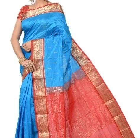 Anandha Blue and Red Contrast Traditional Sarees for Arangetram in Kanjeevaram Silk