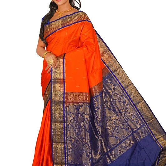 Traditional Kanchipuram Pure Silk Saree in Bright Orange with Royal Blue Contrast 